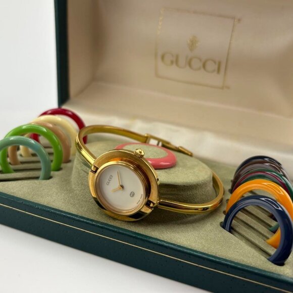 GUCCI Gold Women’s Interchangeable Bezel Watch — Colorful Multi-Bezel Set, State - Picture 1 of 7